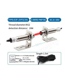 Фотоелектричен сензор E3F-20P2-20L – PNP, Нормално Затворен (NC), 20 м, M12, 6–36V DC