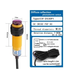 Фотоелектричен сензор E3F-DS30P1 – PNP, NO, дифузен, 30 см, M18, 6–36 V DC, IP67