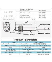 Фотоелектричен сензор E3F-DS30P1 – PNP, NO, дифузен, 30 см, M18, 6–36 V DC, IP67